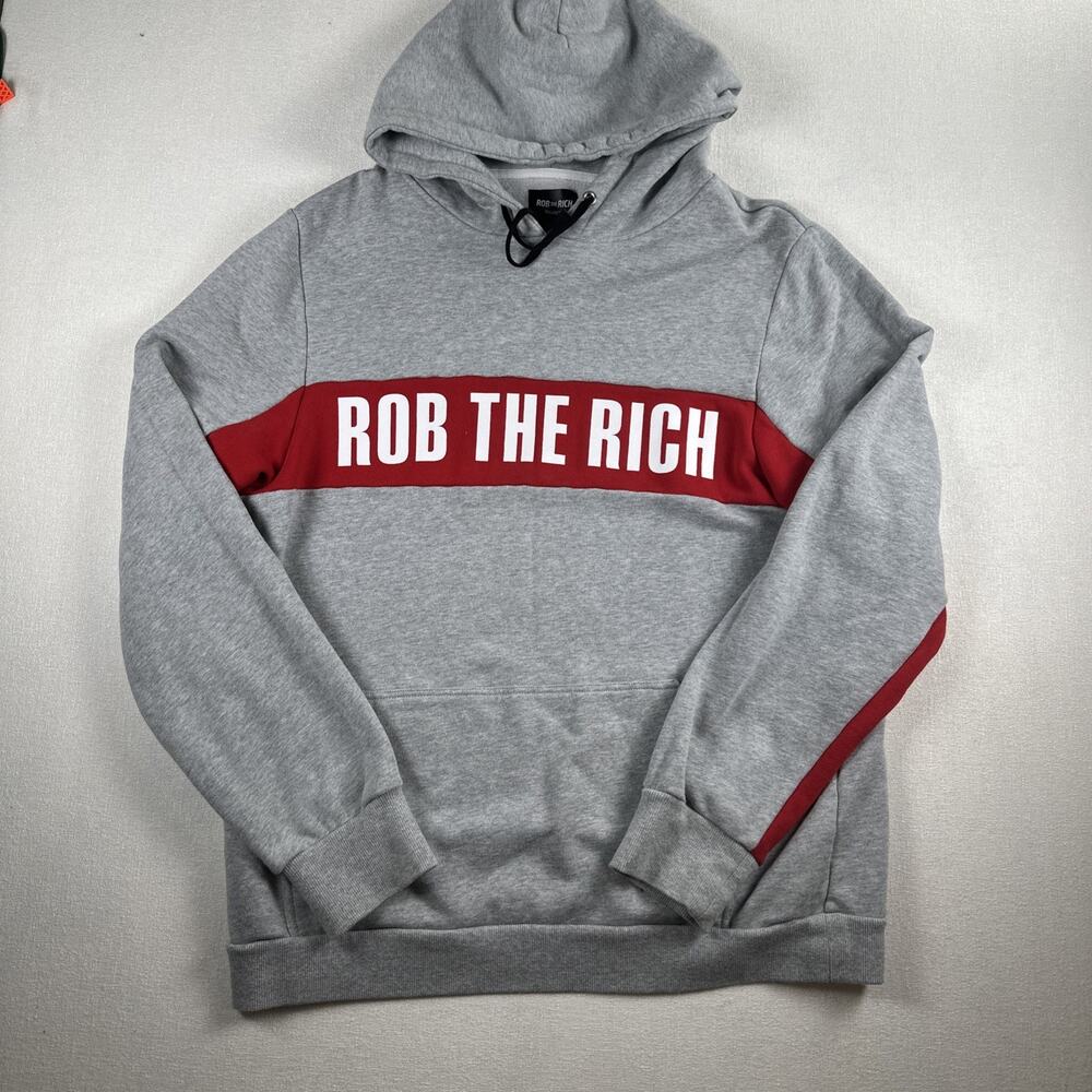 Rob the Rich Collection Men XL Gray Hooded Drawstring Pocket Pullover Sweatshirt